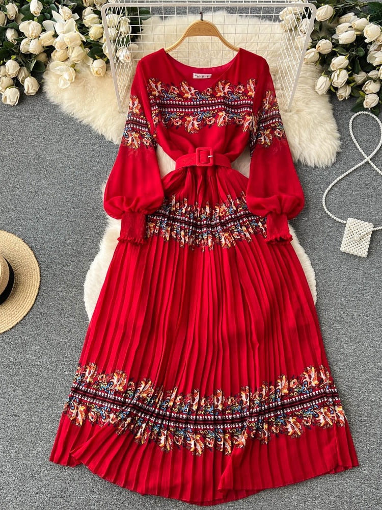 Nadyne Printed Pleated Long Dress( 6 Colors )