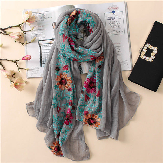 Floral embroidered Viscose Hijab(15Colors)