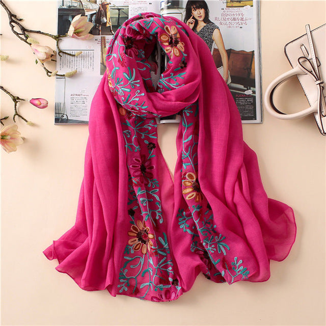 Floral embroidered Viscose Hijab(15Colors)