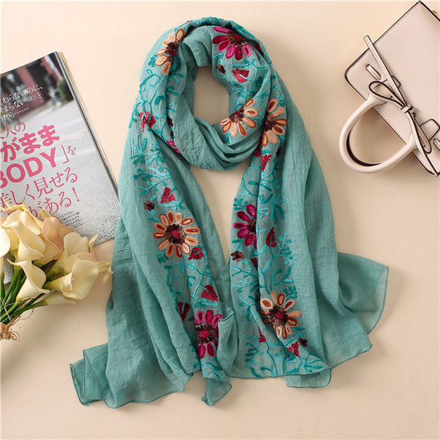 Floral embroidered Viscose Hijab(15Colors)