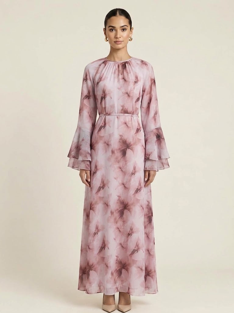 Aimen Watercolor Bloom Tiered-Sleeve Maxi Dress(7 Colors)