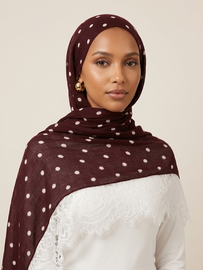 Burgundy Polka Dot White Lace Modal Hijab