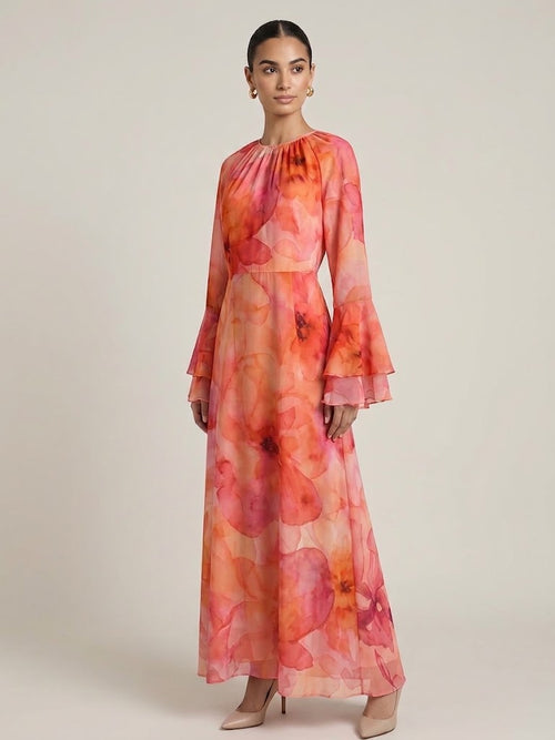 Aimen Watercolor Bloom Tiered-Sleeve Maxi Dress(7 Colors)