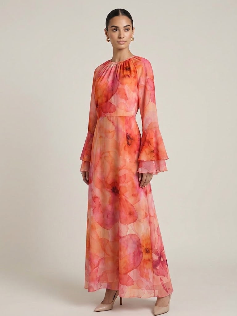 Aimen Watercolor Bloom Tiered-Sleeve Maxi Dress(7 Colors)