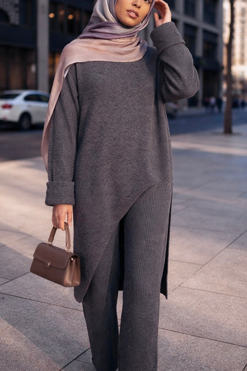 Badiyah Asymmetrical Sweater Two-Piece Set (3 Colors)