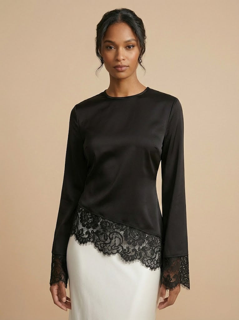 Ayala Top Lace Trim Long Sleeve Satin Top