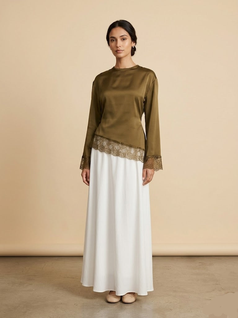 Velour Asymmetrical Lace Top - Burnt Olive