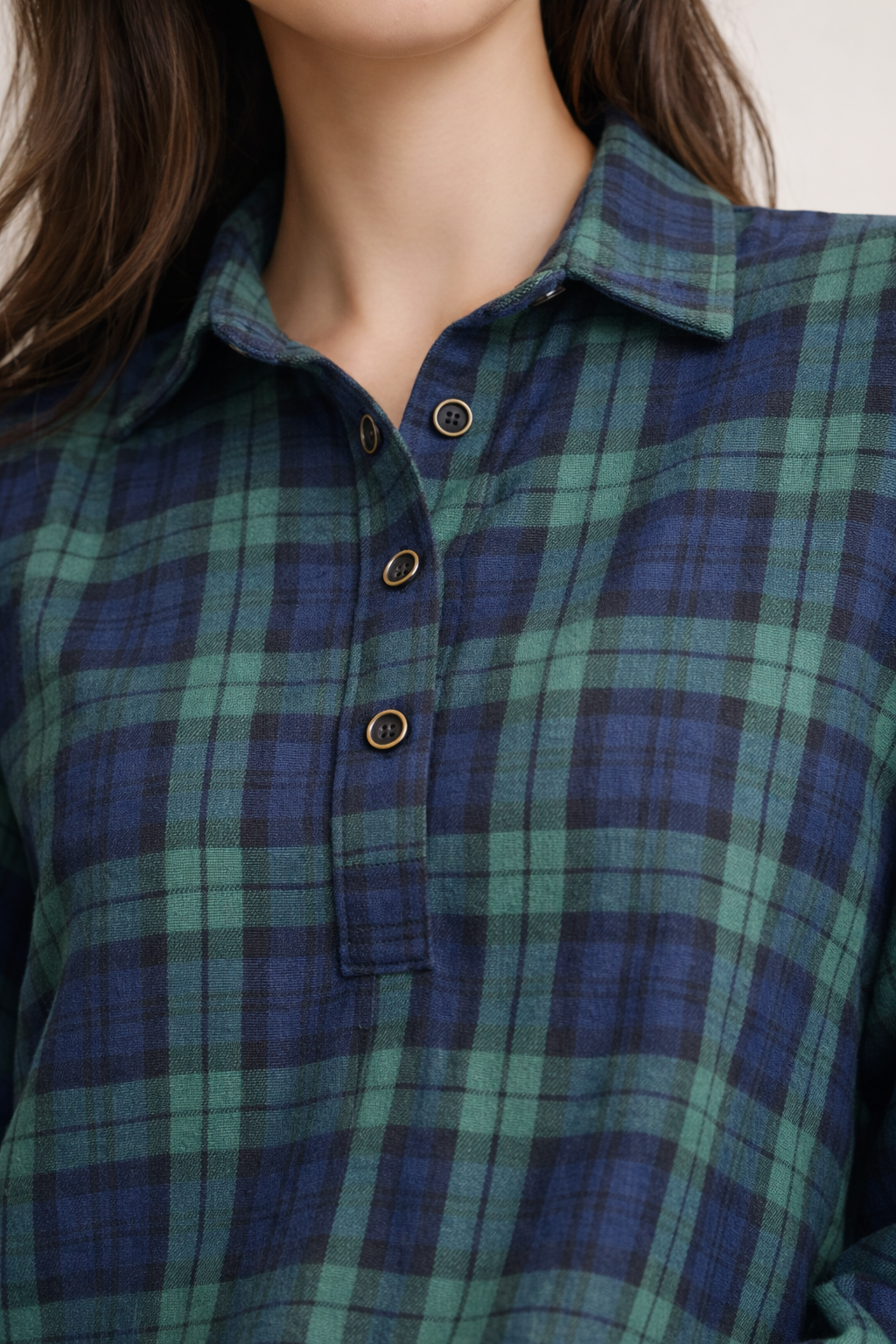 Bazla Plaid Button-Down Long Shirt Tunic (2 Colors)