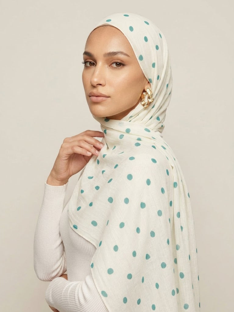 Teal Cream Polka Dot Modal Hijab