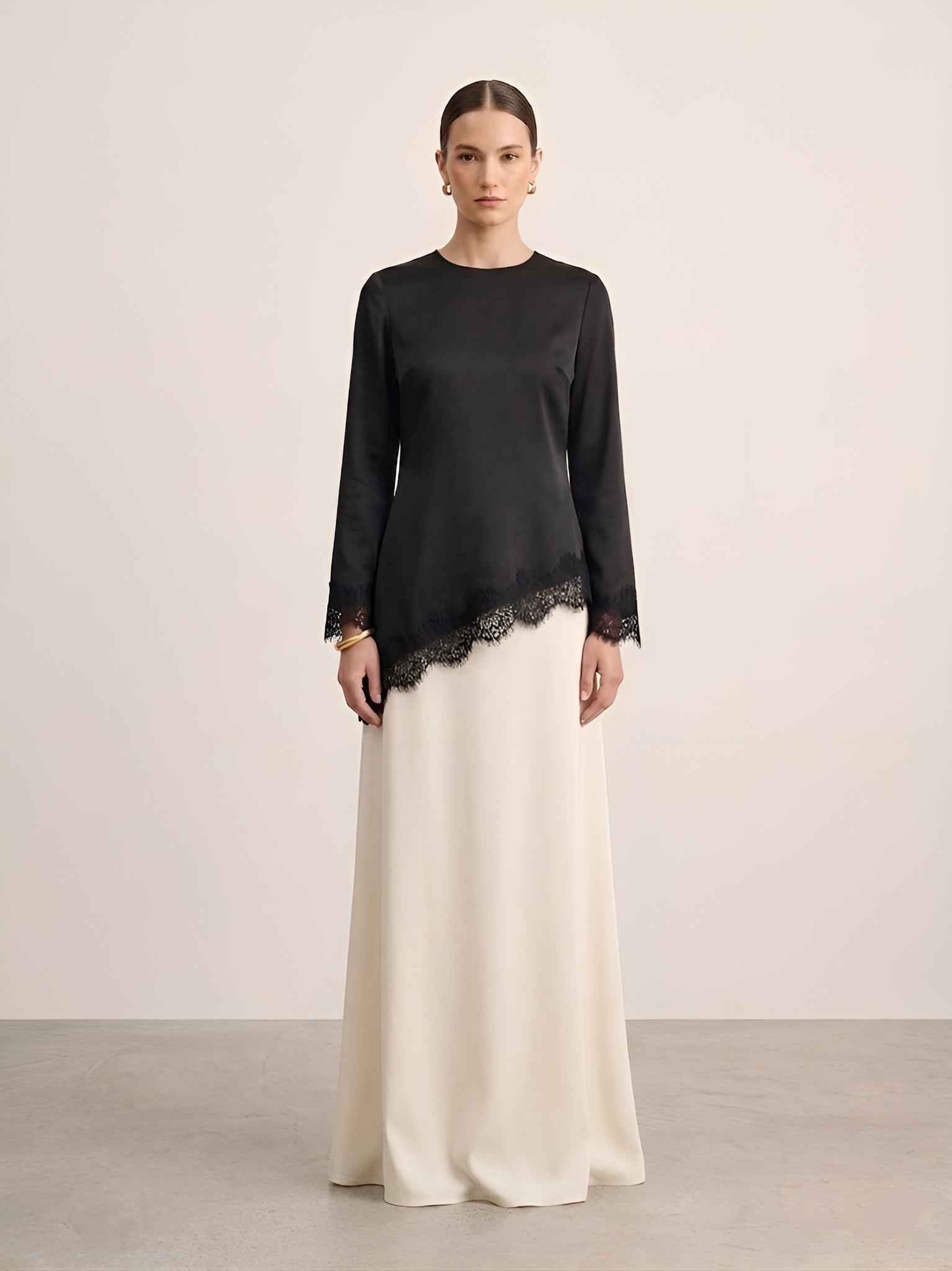 Ayala Top Lace Trim Long Sleeve Satin Top