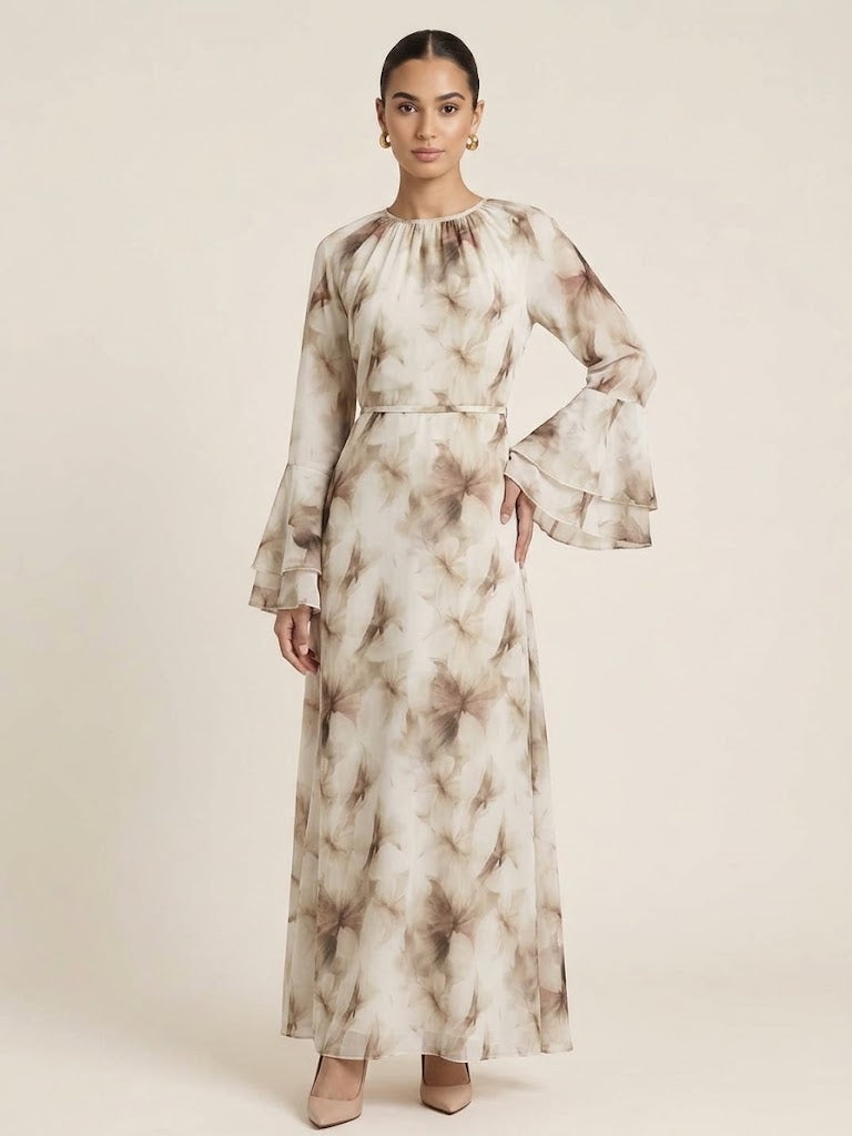 Aimen Watercolor Bloom Tiered-Sleeve Maxi Dress(7 Colors)