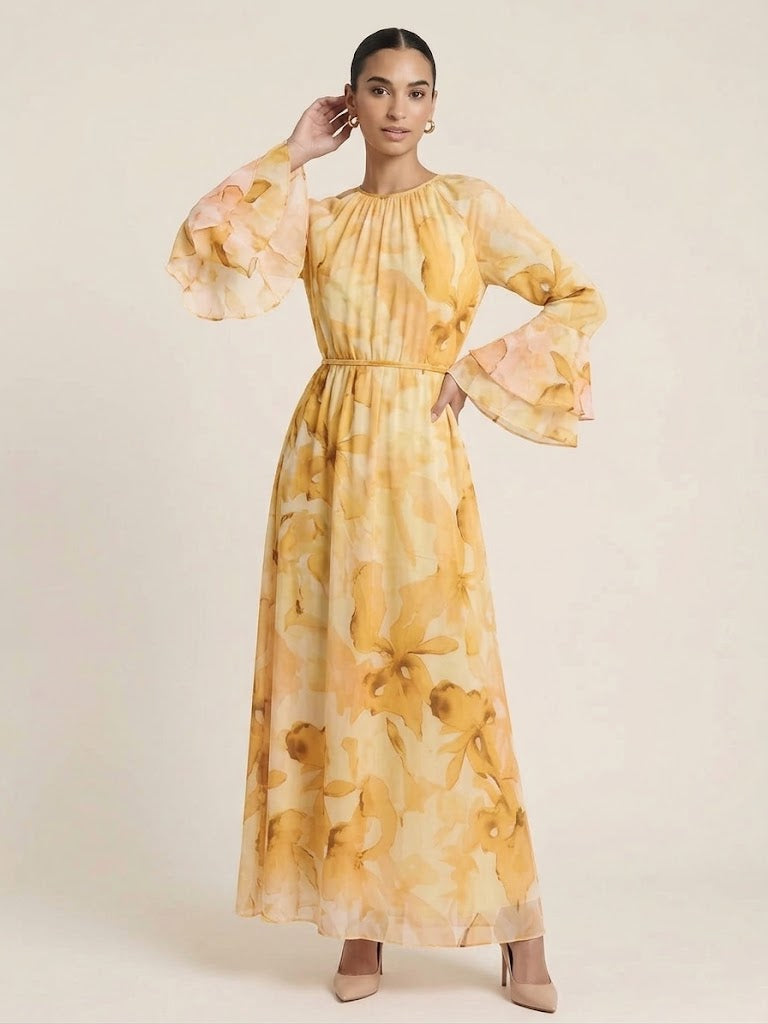 Aimen Watercolor Bloom Tiered-Sleeve Maxi Dress(7 Colors)
