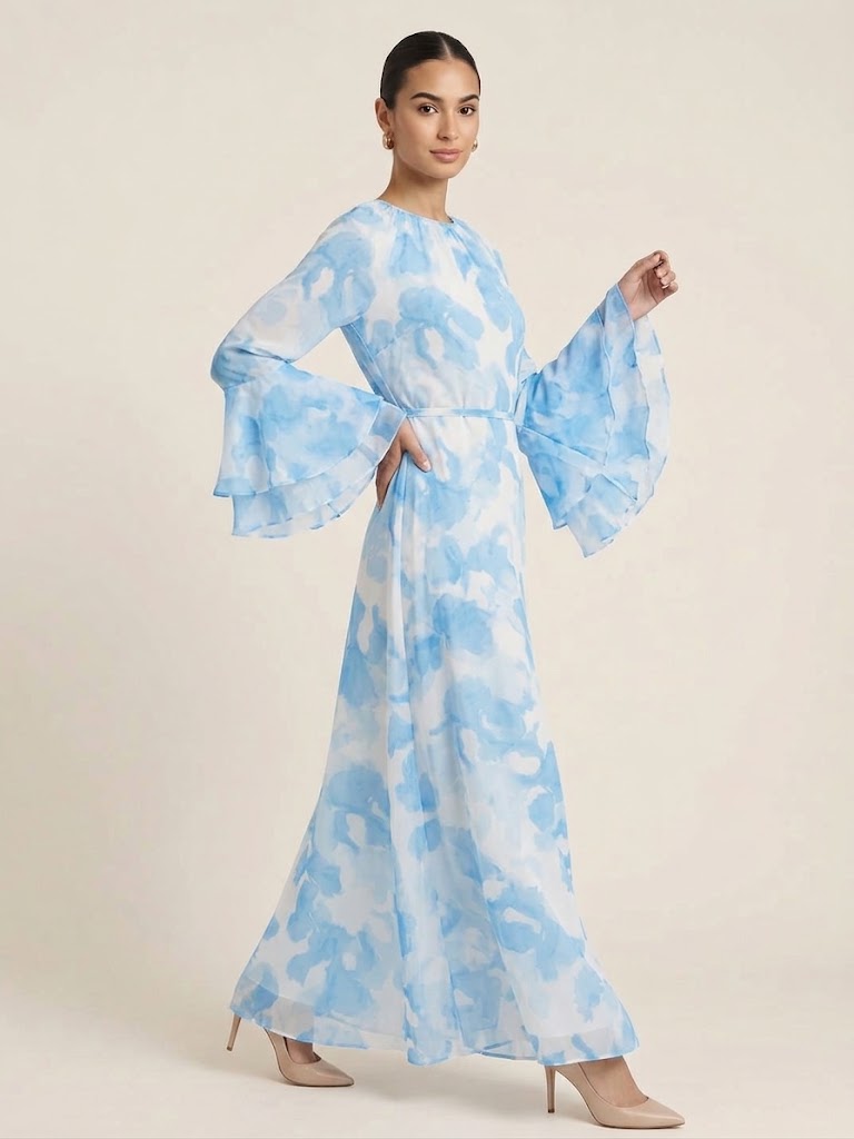 Aimen Watercolor Bloom Tiered-Sleeve Maxi Dress(7 Colors)