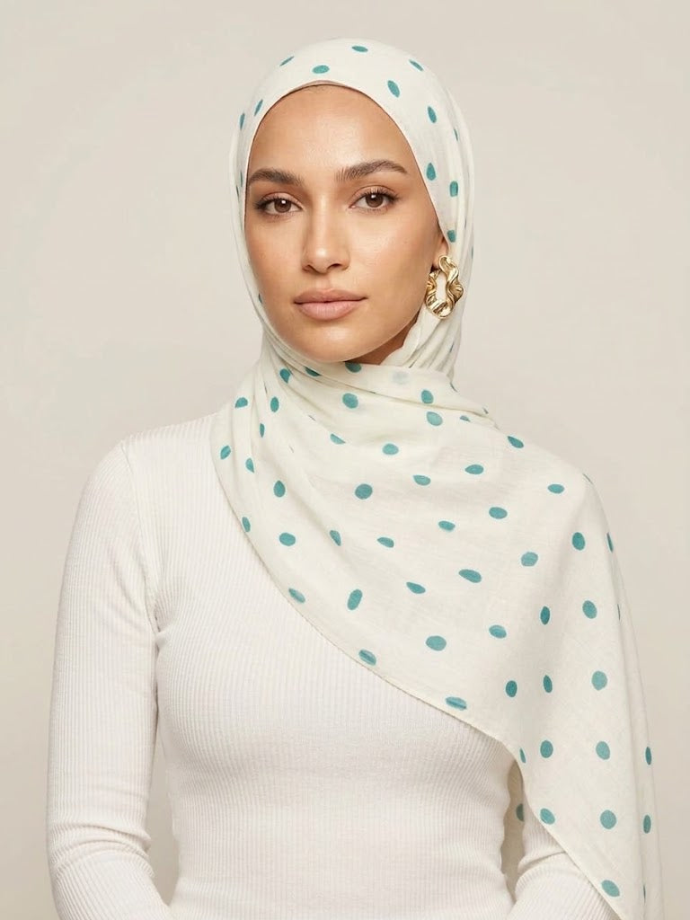 Teal Cream Polka Dot Modal Hijab