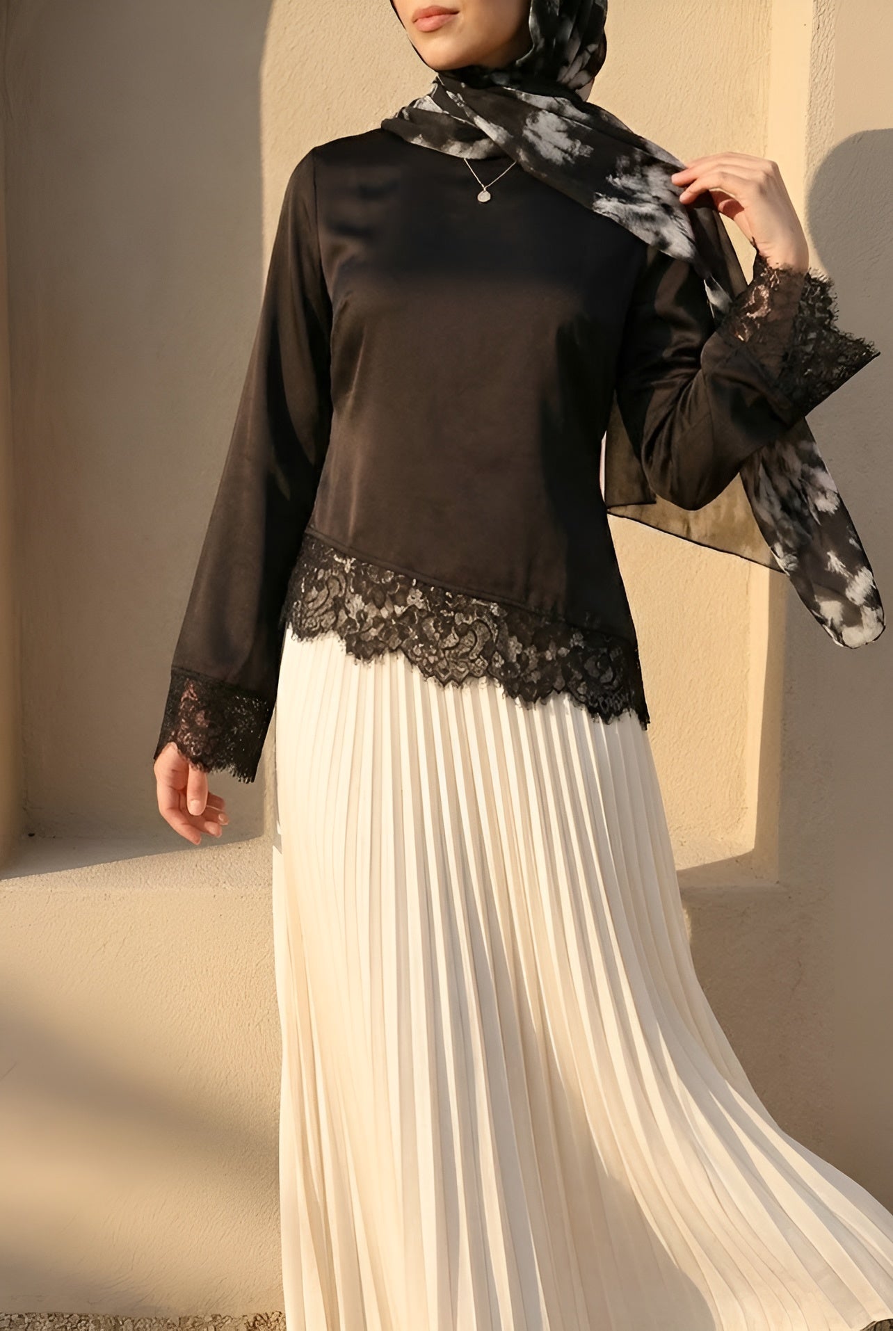 Ayala Top Lace Trim Long Sleeve Satin Top