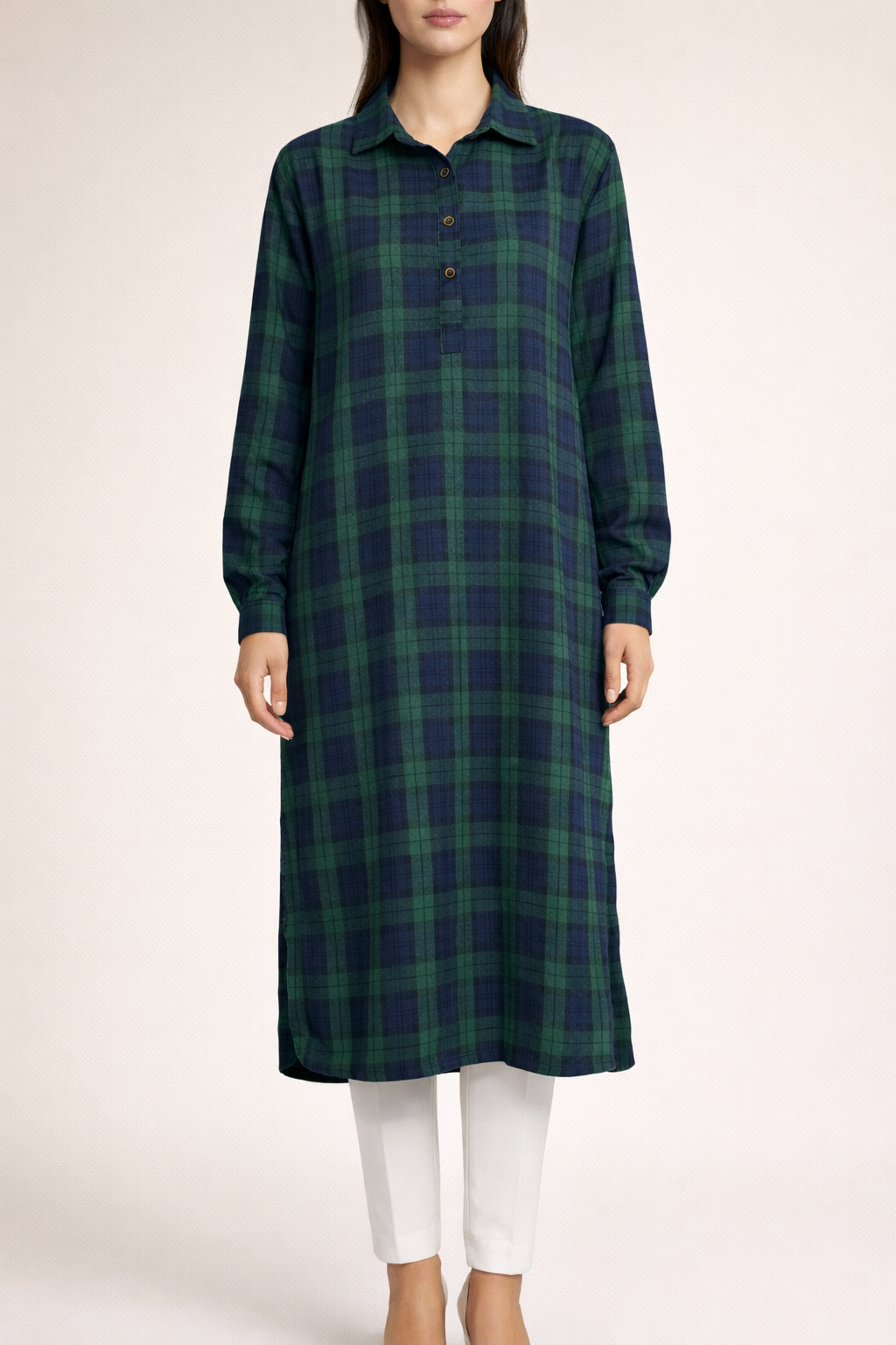 Bazla Plaid Button-Down Long Shirt Tunic (2 Colors)