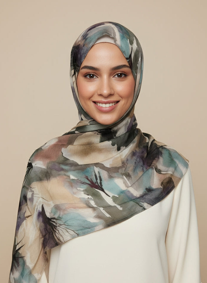 Watercolor Print Modal hijab-Black-Gray tie dye