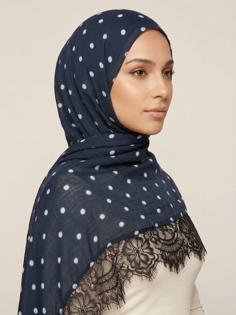 Navy Polka Dot Black Lace Modal Hijab