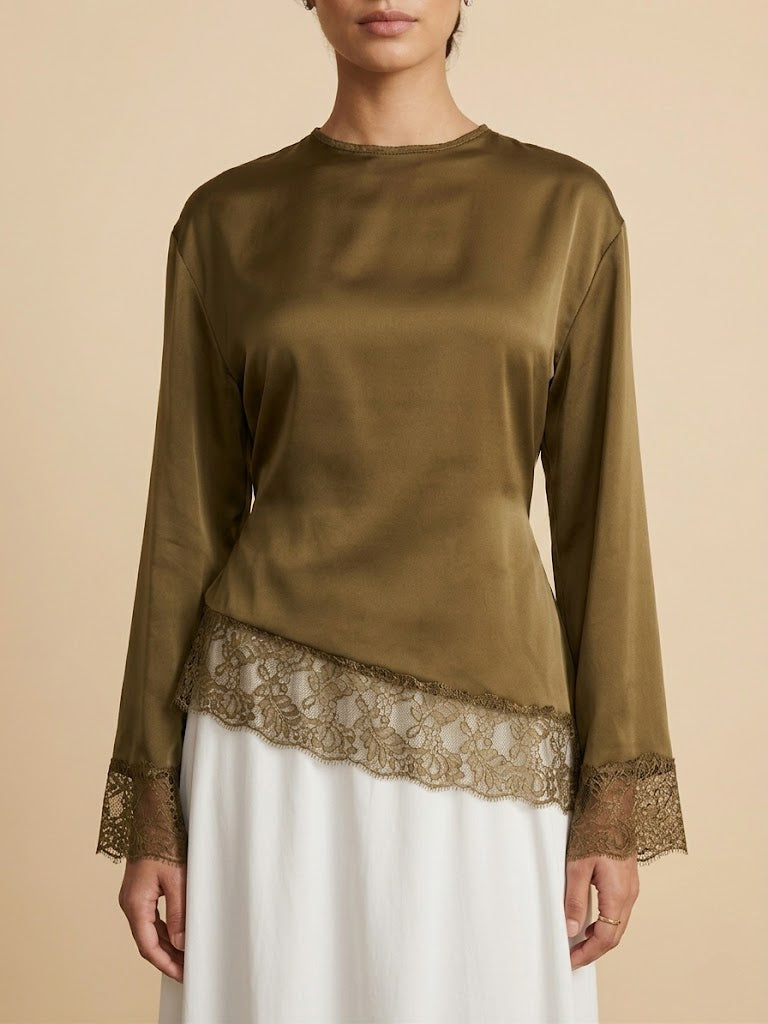 Velour Asymmetrical Lace Top - Burnt Olive