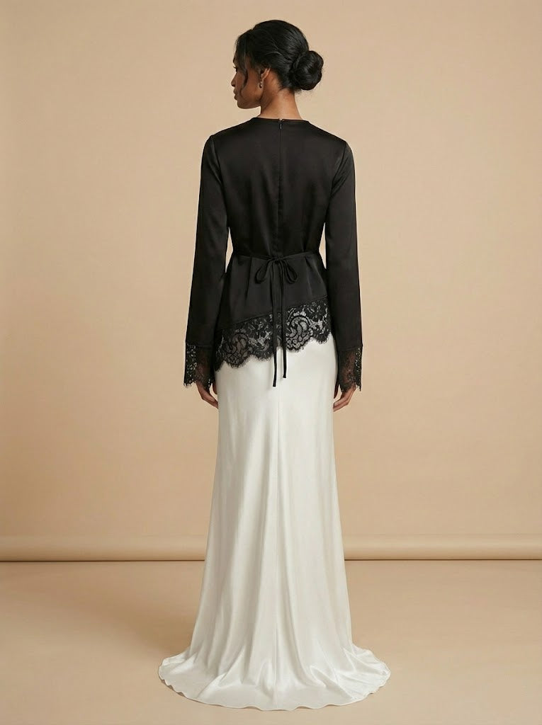 Ayala Top Lace Trim Long Sleeve Satin Top