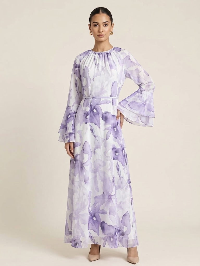 Aimen Watercolor Bloom Tiered-Sleeve Maxi Dress(7 Colors)