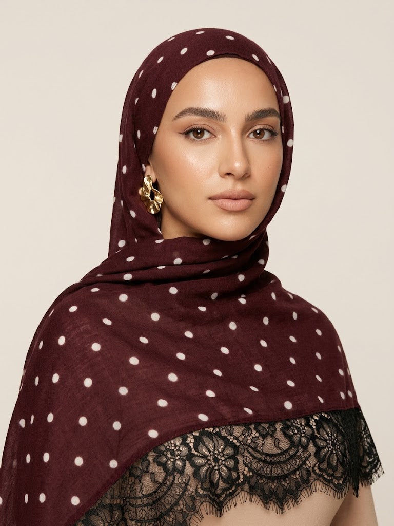 Burgundy Polka dot Black Lace Modal Hijab
