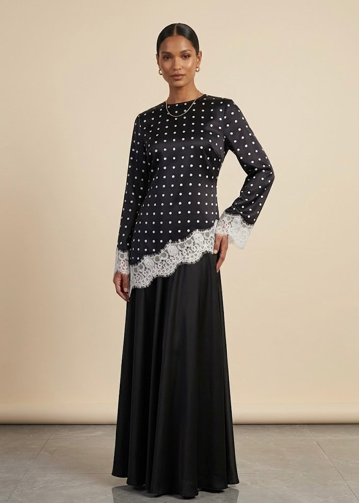 Aneezah Polka Dot Lace-Trim Asymmetric Tunic Top