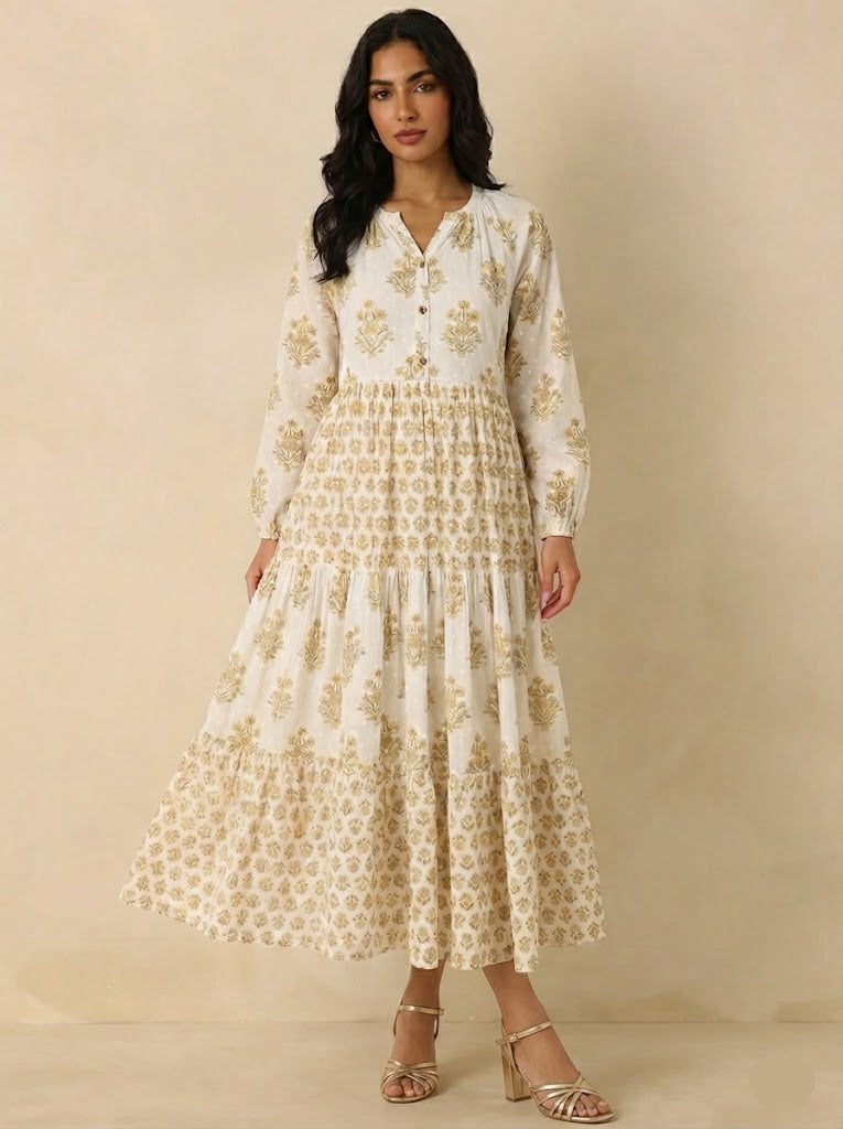 Safiyah Block print inspired Cotton dress - M (US 6) / Beige print Safiyah Block print inspired Cotton dress - M (US 6) / Beige print