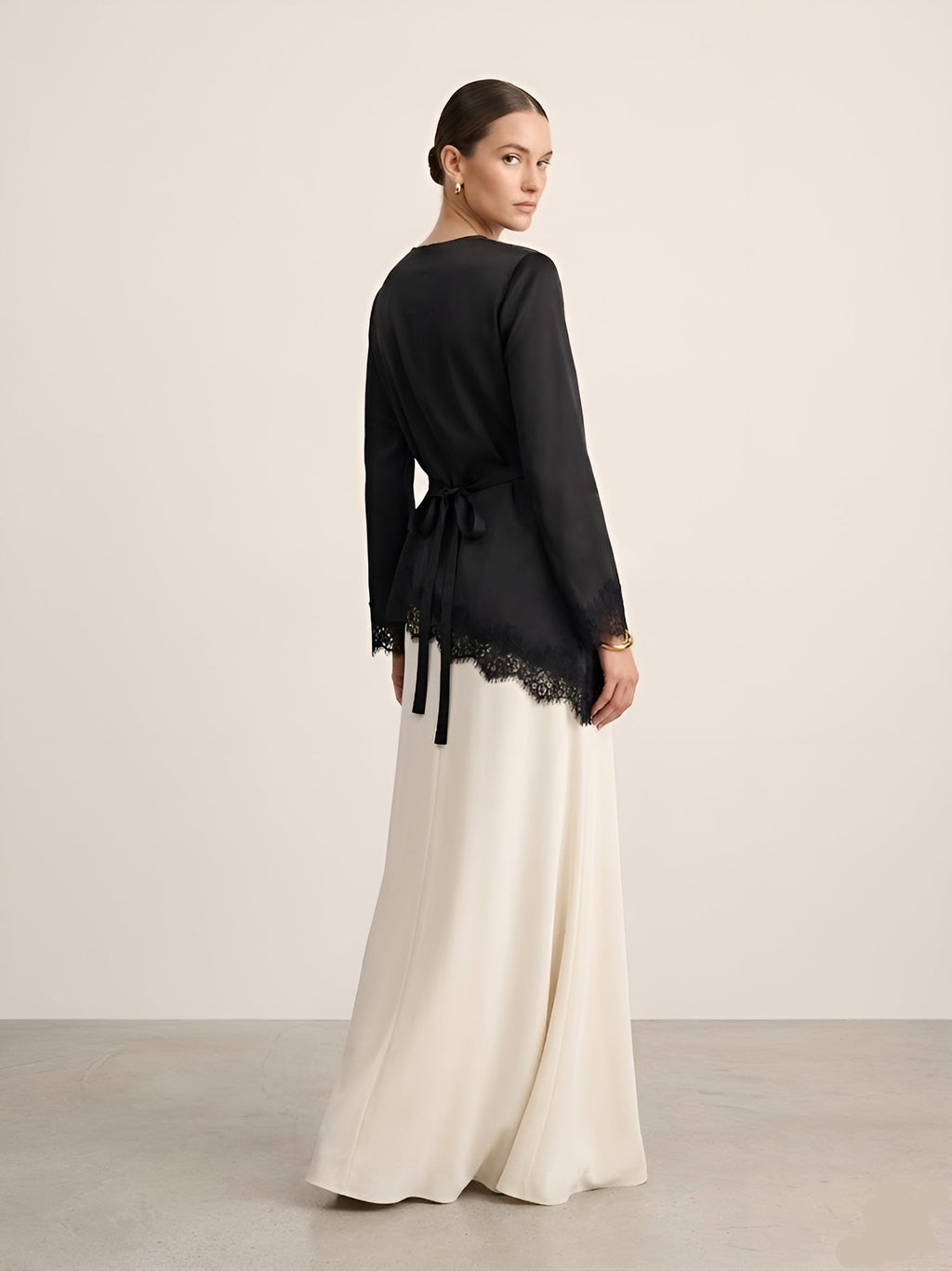 Ayala Top Lace Trim Long Sleeve Satin Top