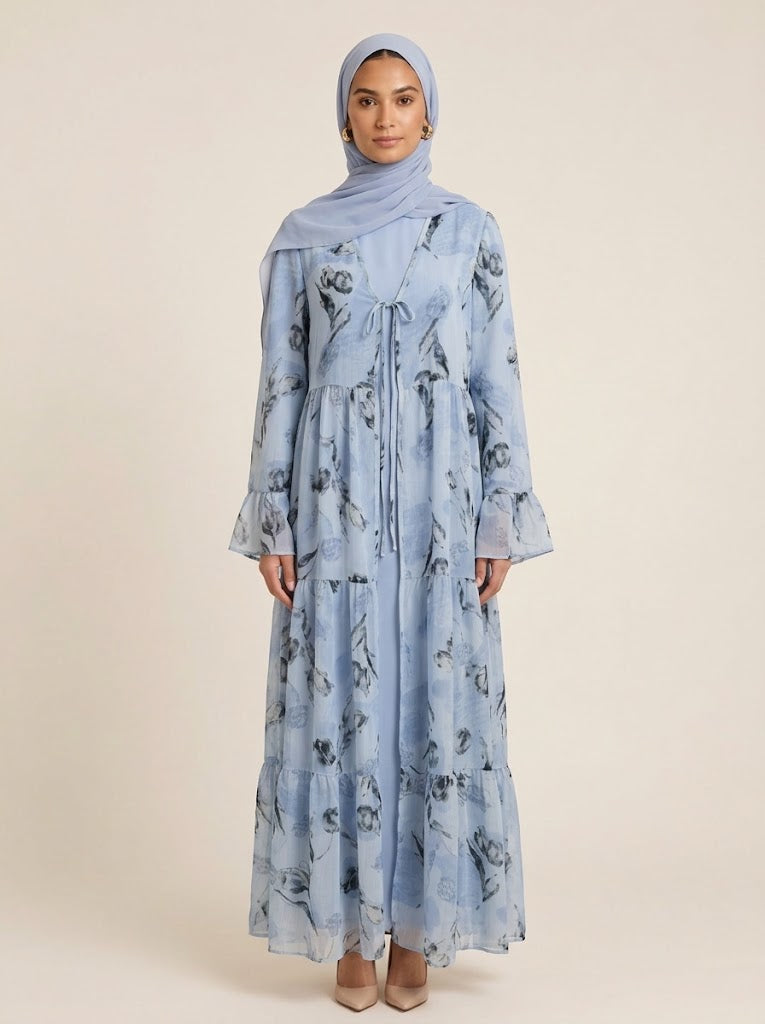 Botanical Bloom Tiered Abaya with long sleeve inner Set
