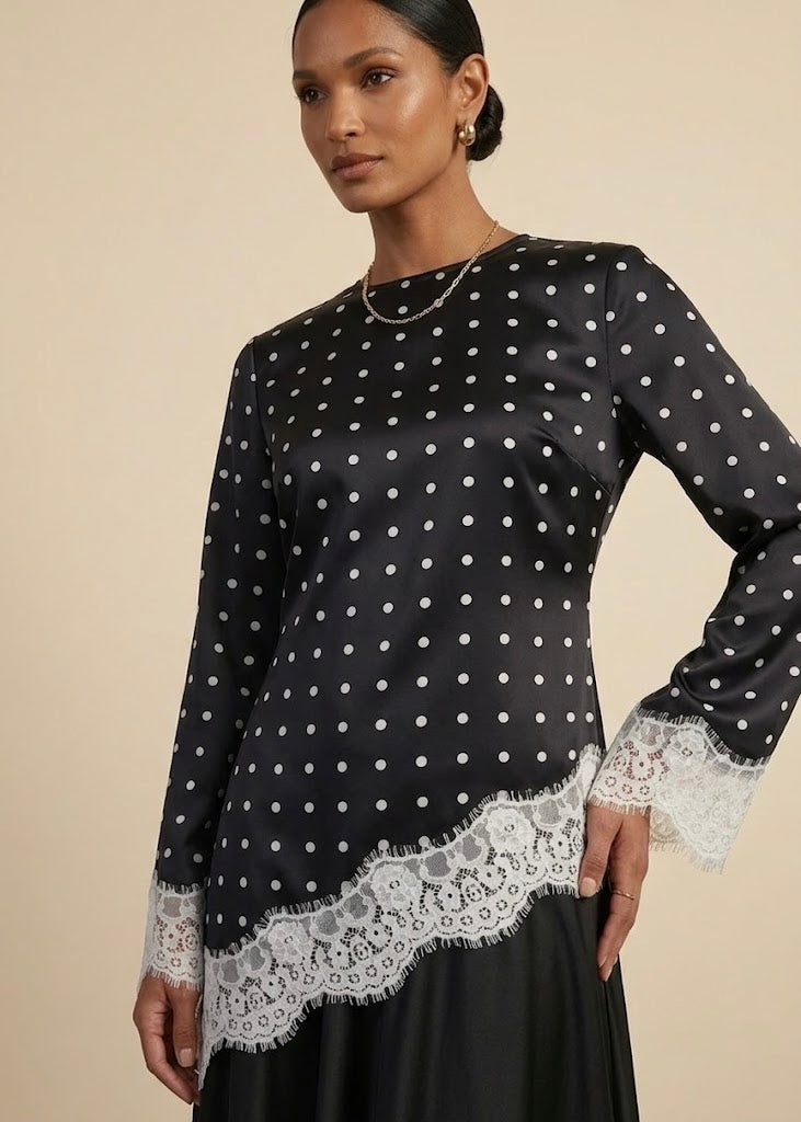 Aneezah Polka Dot Lace-Trim Asymmetric Tunic Top
