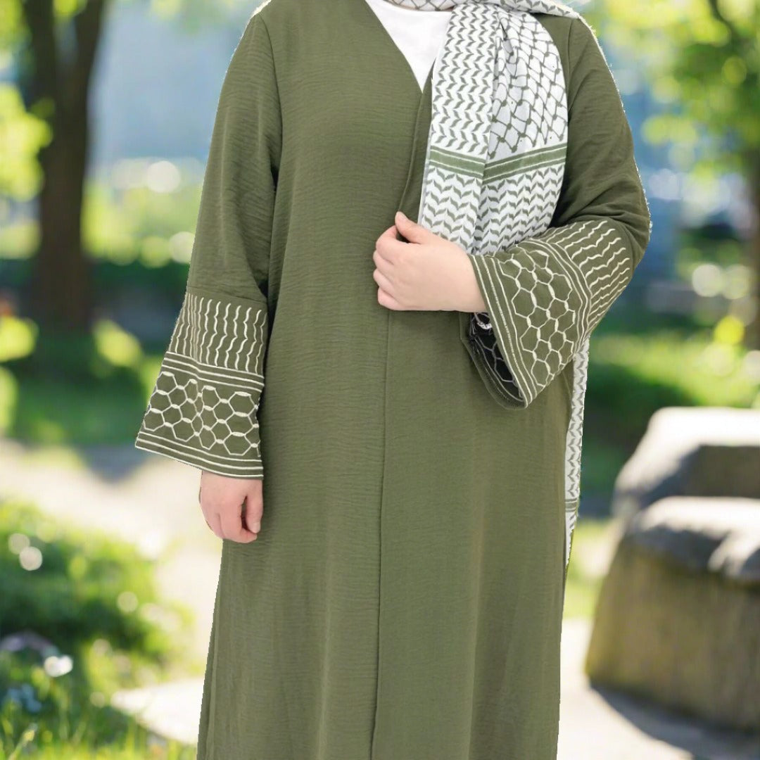 Thin embroidery Keffiyeh inspired Kimono Abaya - Olive green