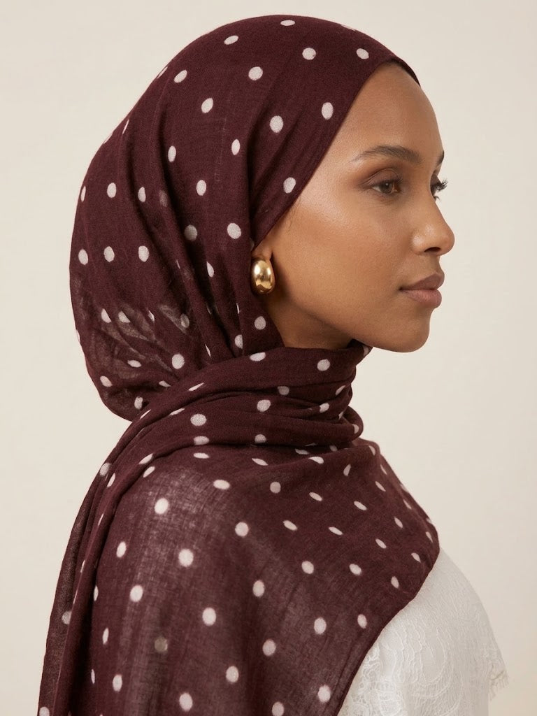 Burgundy Polka Dot White Lace Modal Hijab