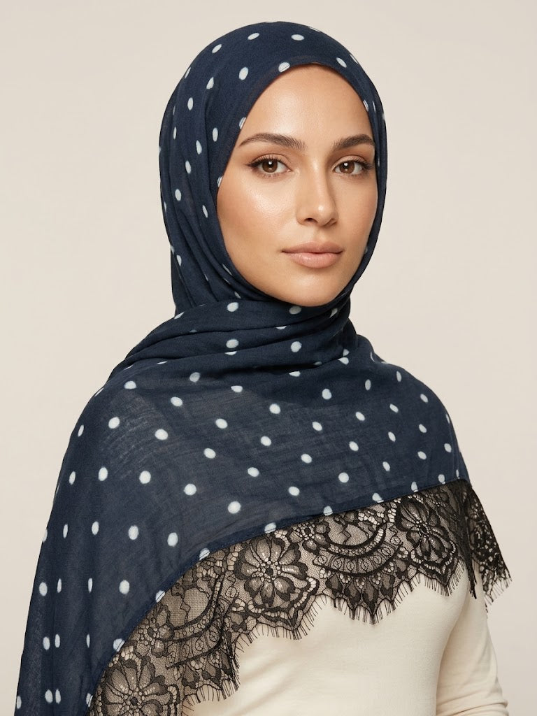 Navy Polka Dot Black Lace Modal Hijab