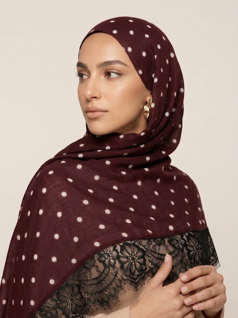 Burgundy Polka dot Black Lace Modal Hijab