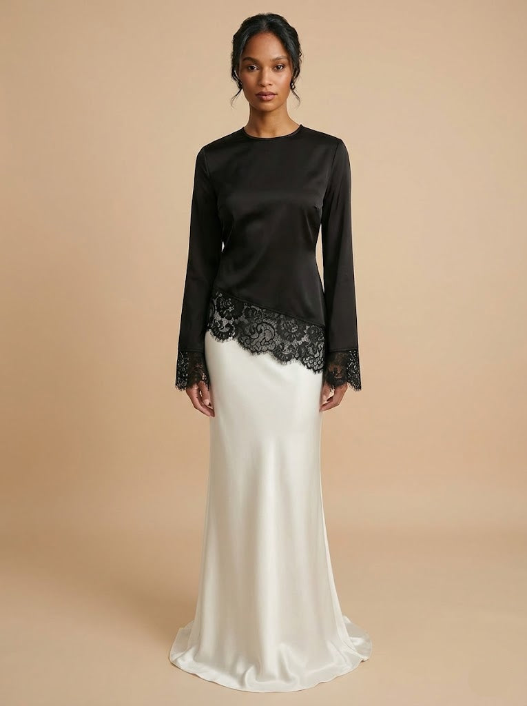 Ayala Top Lace Trim Long Sleeve Satin Top