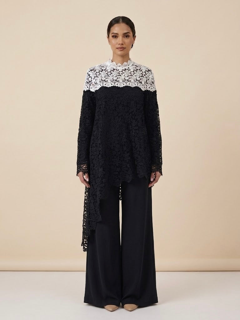 Manzoora Two Tone Cutout Lace Overlay Tunic