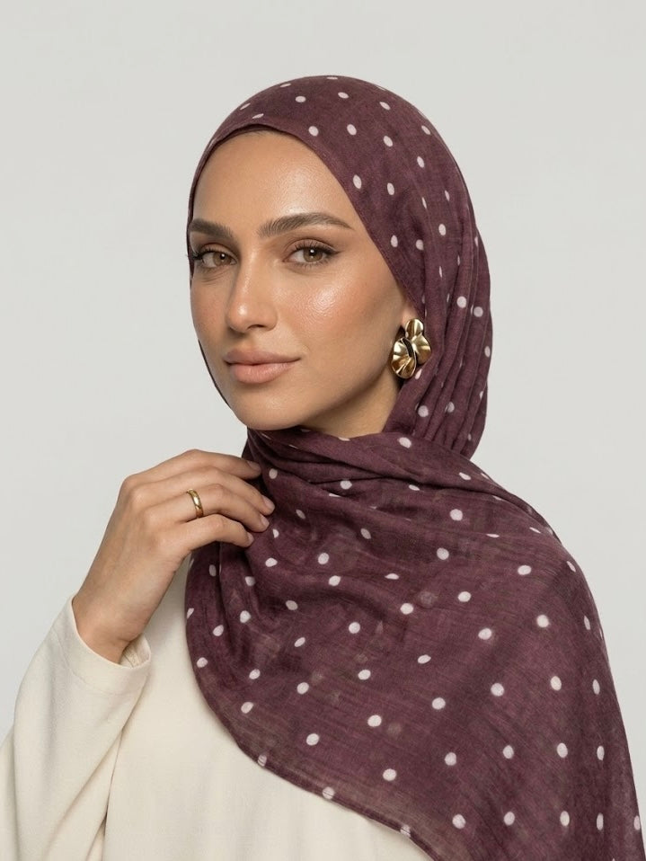 Burgundy brown Polka dot Print Modal Hijab