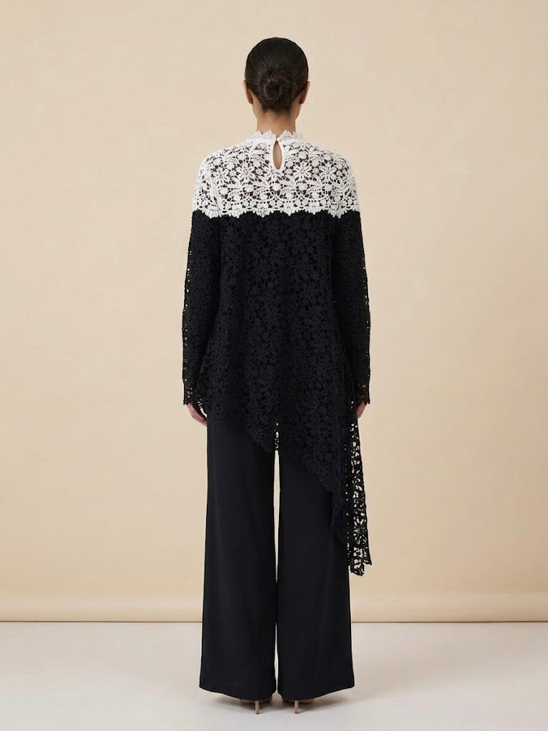 Manzoora Two Tone Cutout Lace Overlay Tunic