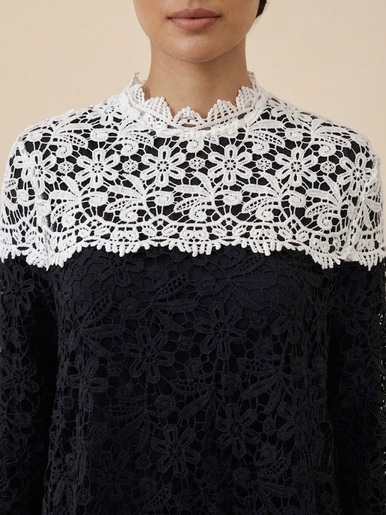 Manzoora Two Tone Cutout Lace Overlay Tunic