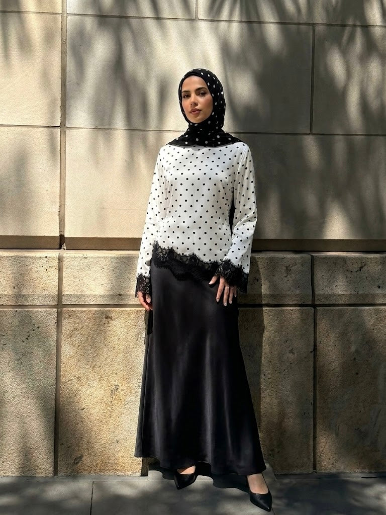 Aneezah Polka Dot Lace-Trim Asymmetric Tunic Top