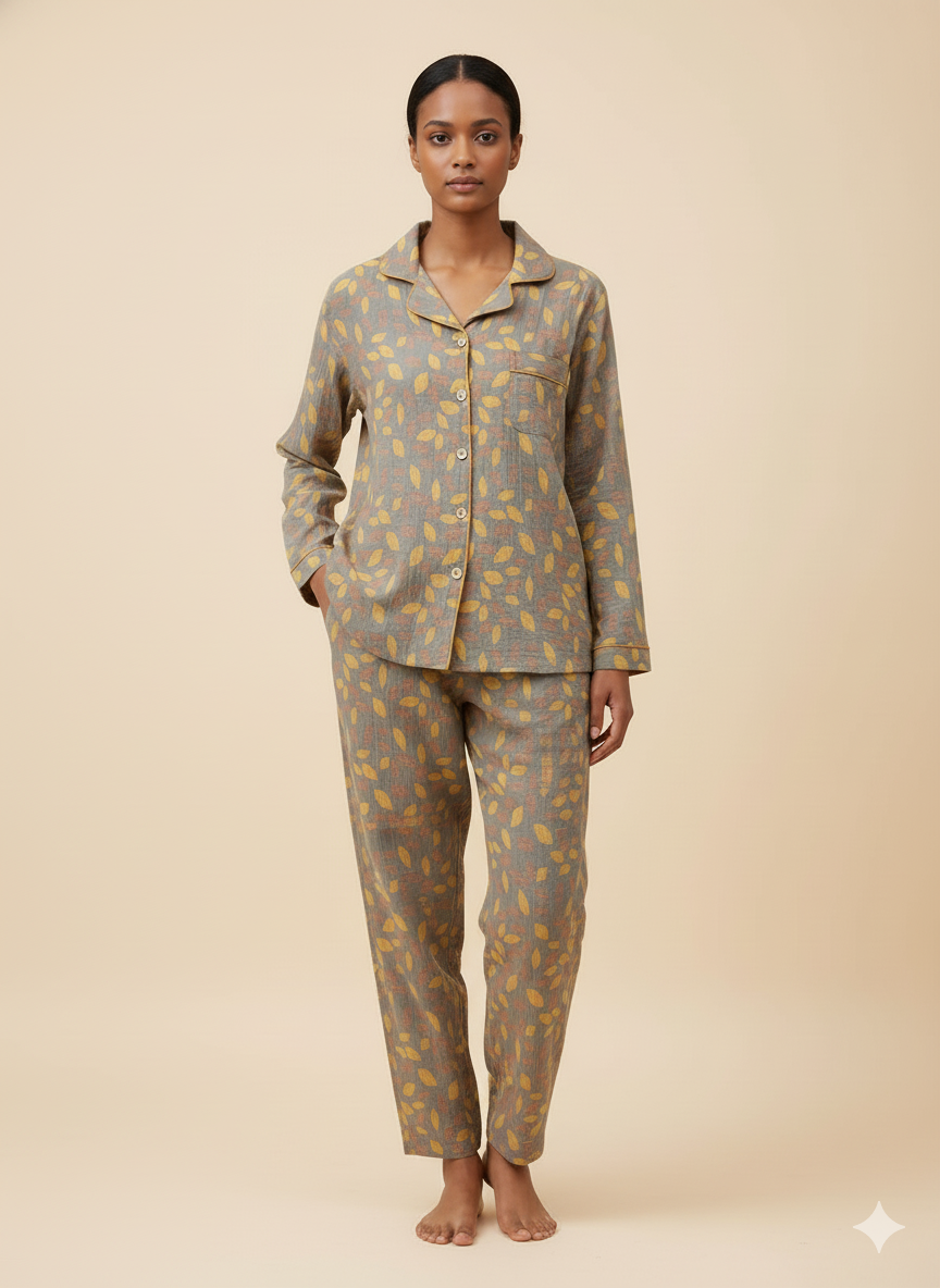 Ayla Leaf Print Cotton Pajama Set (2 Colors)
