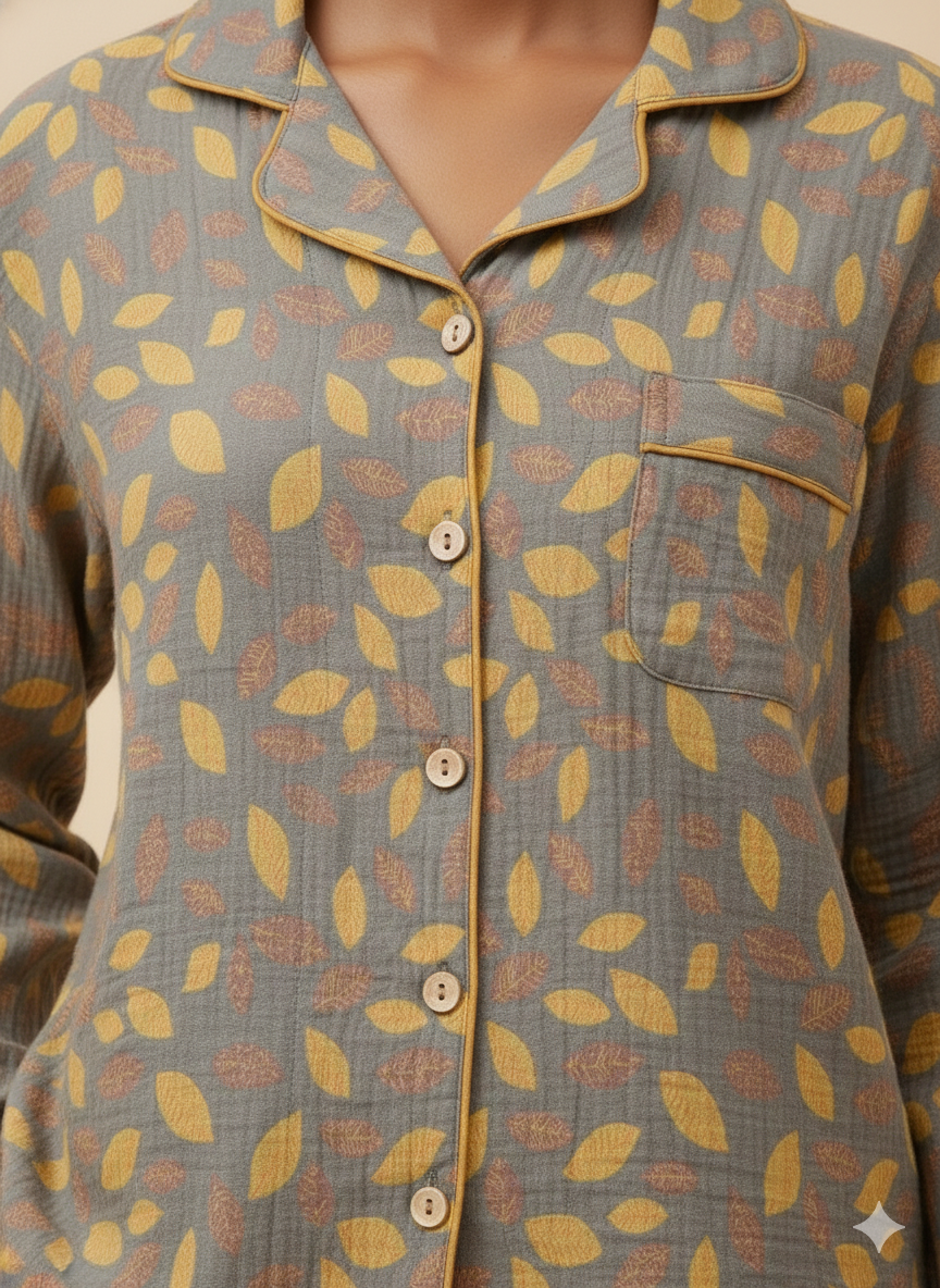 Ayla Leaf Print Cotton Pajama Set (2 Colors)