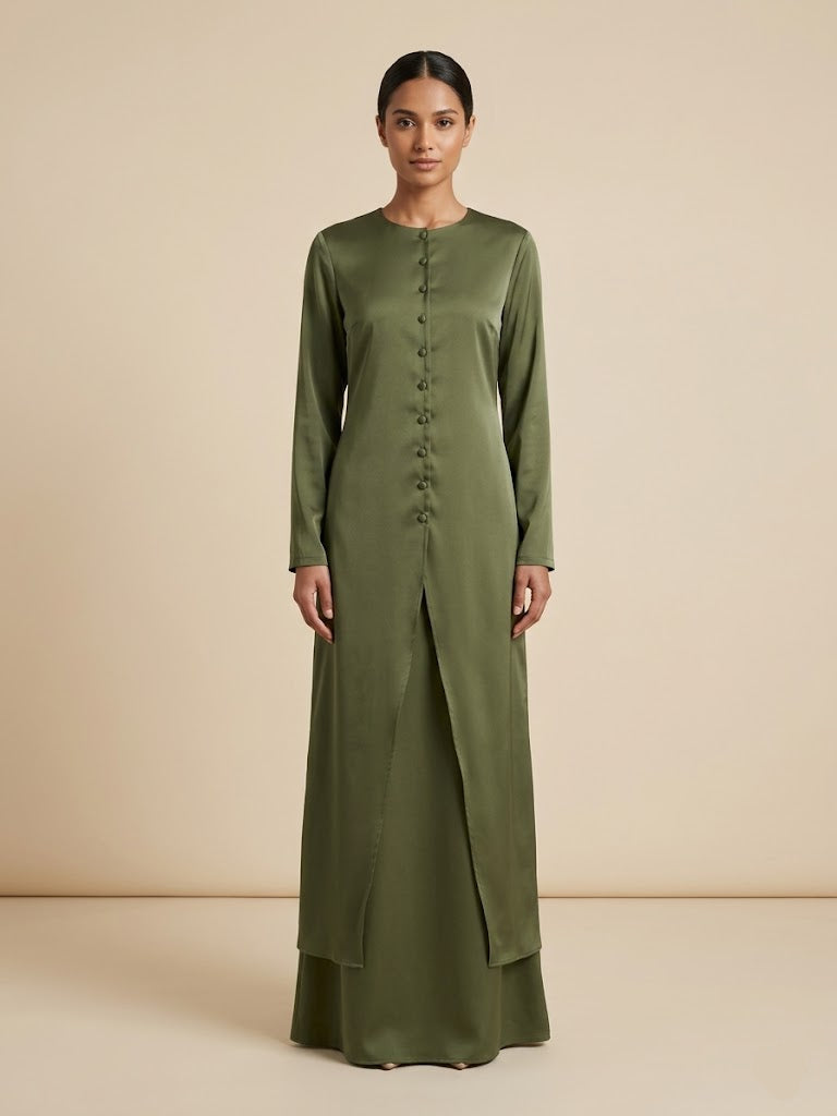 Maznah Satin Button Long top and skirt Two Piece Set