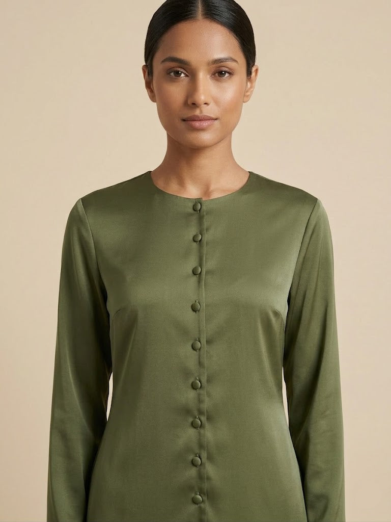 Maznah Satin Button Long top and skirt Two Piece Set