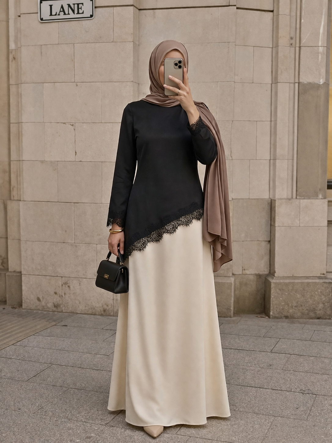 Ayala Top Lace Trim Long Sleeve Satin Top