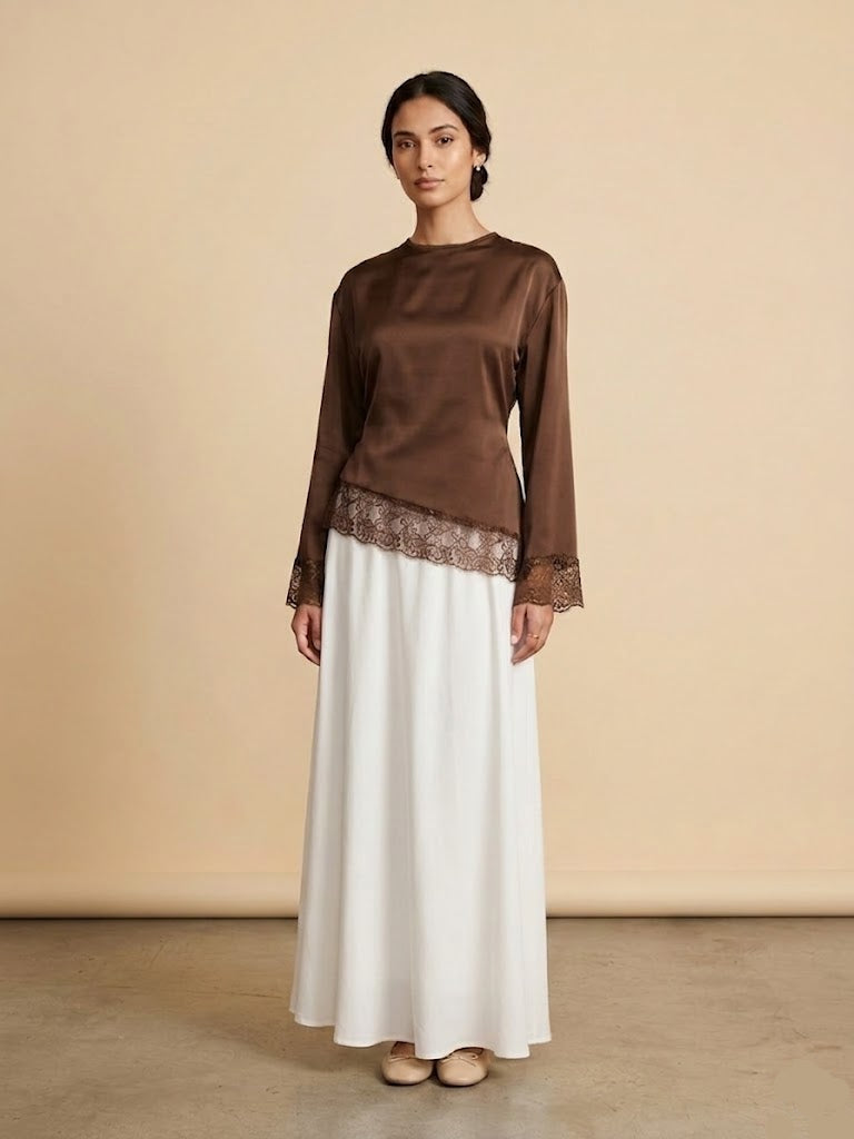 Velour Asymmetrical Lace Top - Chocolate