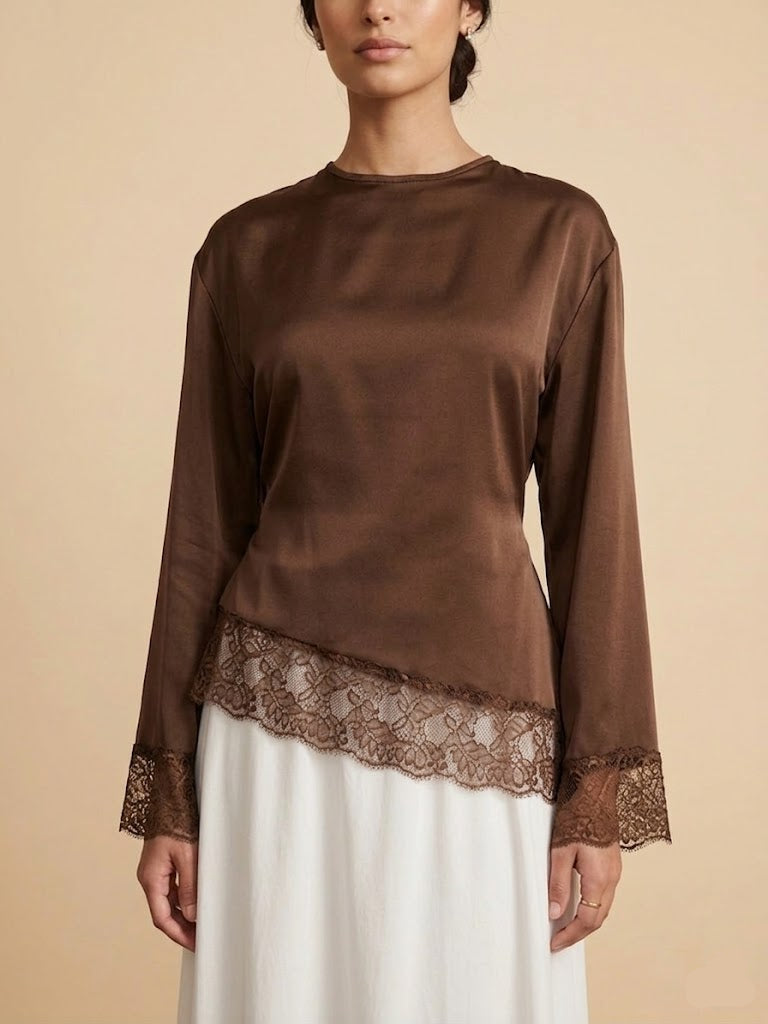Velour Asymmetrical Lace Top - Chocolate