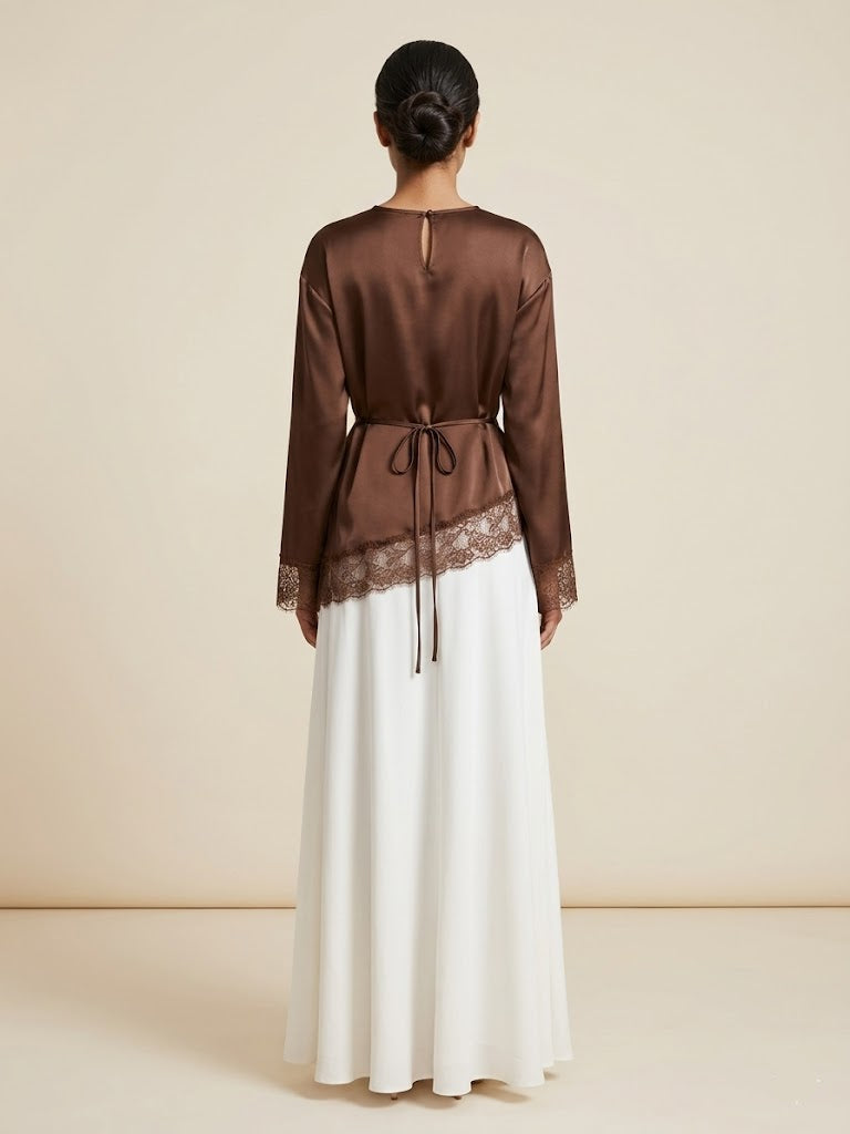Velour Asymmetrical Lace Top - Chocolate
