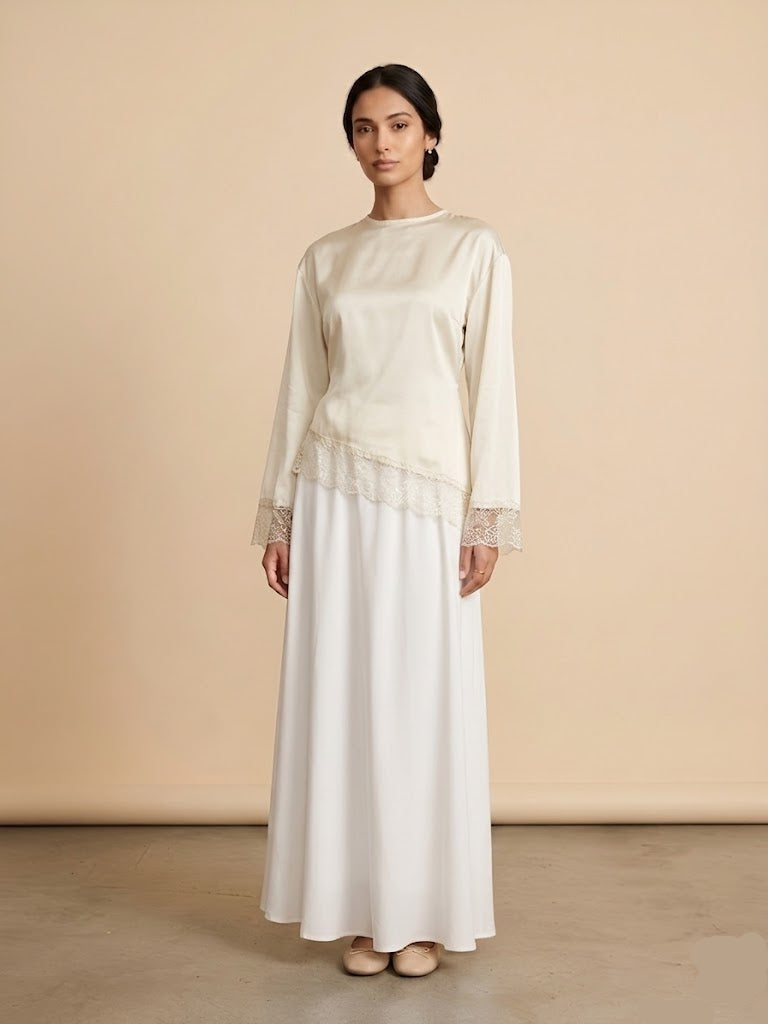 Velour Asymmetrical Lace Top - Ecru